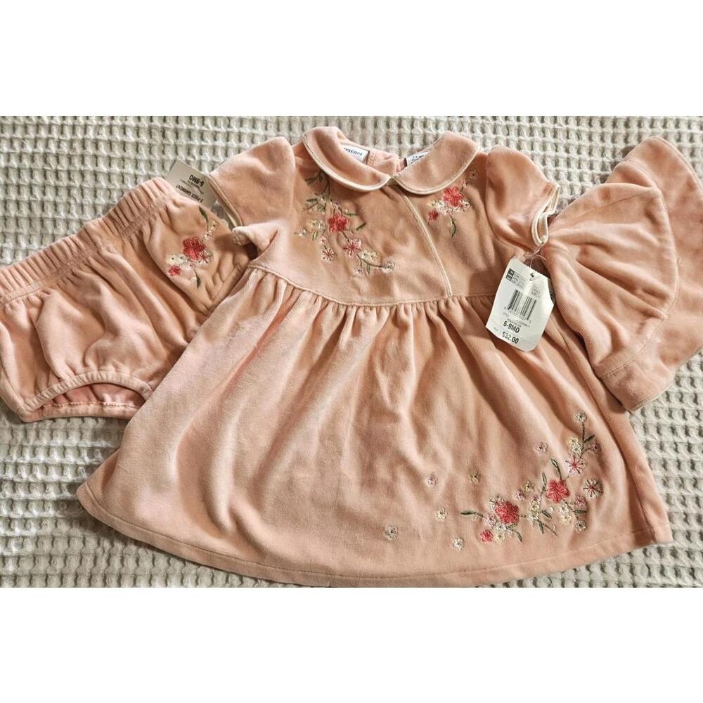 NWT Girls 6-9 Month 3 Piece Set, Peach Melba Dress, Diaper Cover, Hat Set First